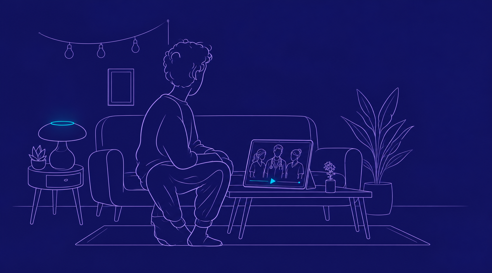 Eine Person sieht zu Hause auf einem Tablet ein Video mit drei Mitgliedern eines Praxisteams, Illustration