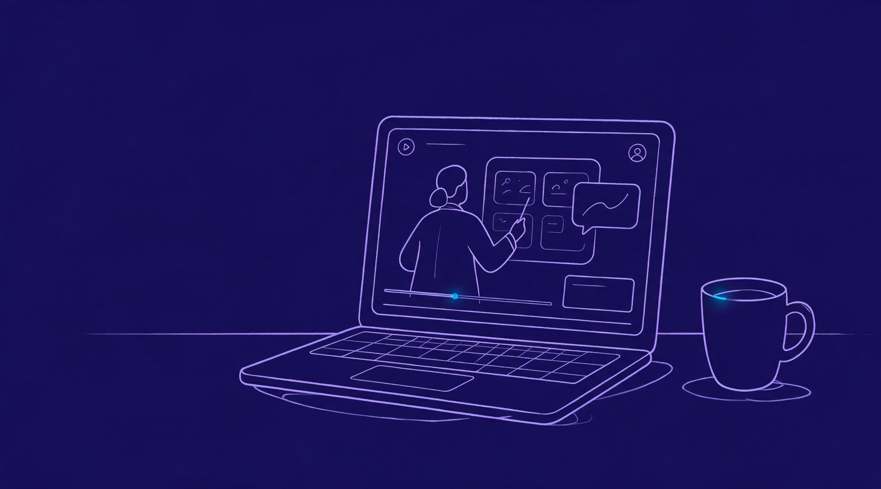Ein Laptop auf einem Küchentisch zeigt nachts ein Erklärvideo, Illustration
