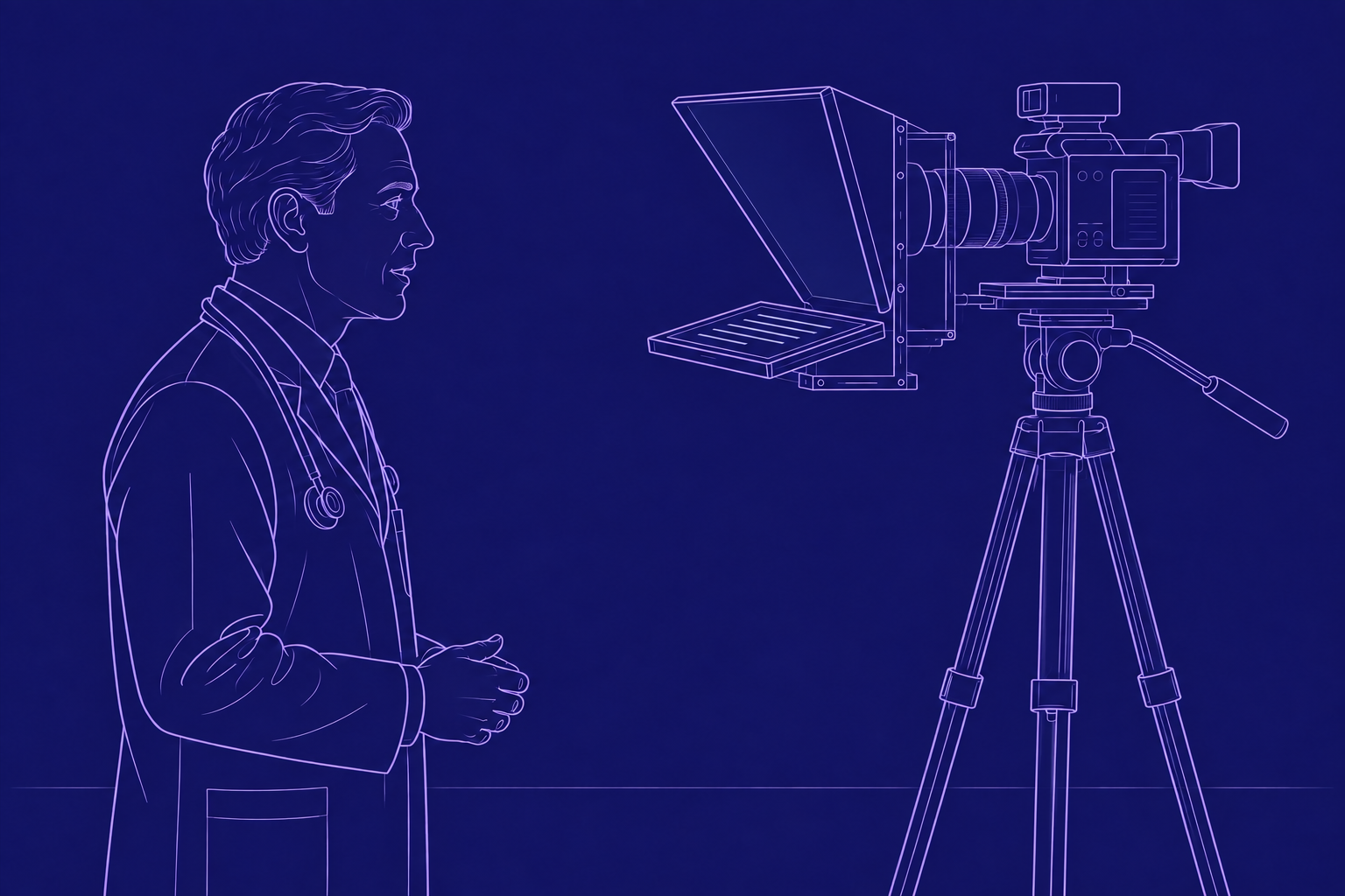 Ein Arzt liest vom Teleprompter direkt vor der Kameralinse ab, Illustration