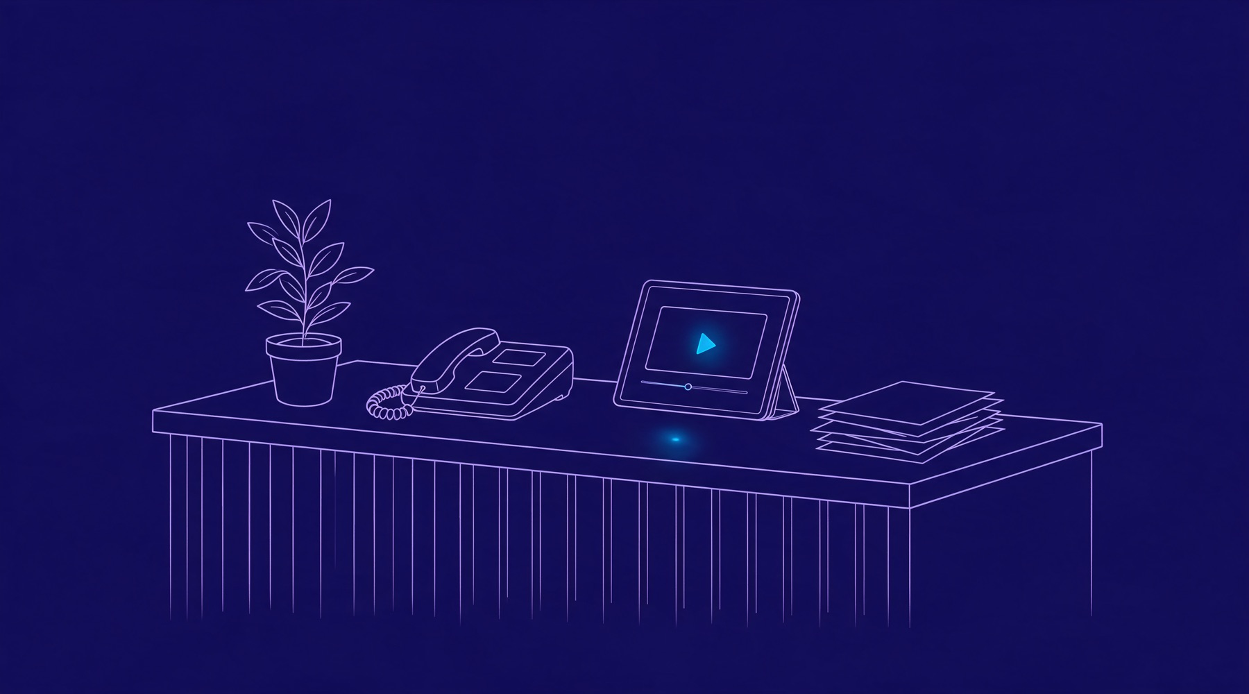 Eine ruhige Praxisanmeldung mit Telefon und einem Tablet, auf dem ein Video läuft, Illustration